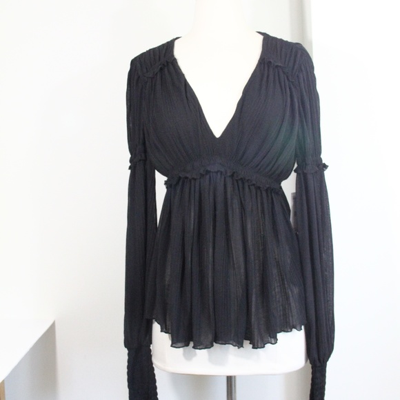 Free People Day Dreaming Top NEW Women Babydoll Shirt Black Small Long Sleeves - Picture 2 of 11